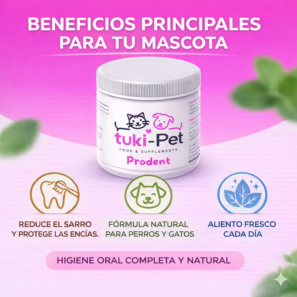 Los beneficios principales de Tukipet Prodent son:
-Reduce el sarro y protege las encías.
-Fórmula natural para perros y gatos.
-Aliento fresco cada día.

Higiene oral completa y natural. 