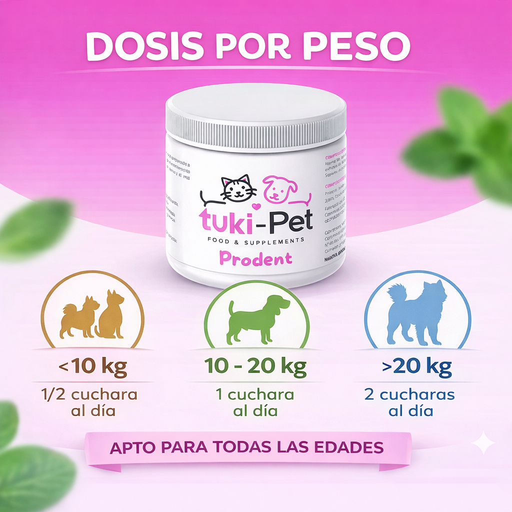 La dosis de Tukipet Prodent por peso es:
- Perros y gatos de menos de 10 kilos: media cuchara al día.
- Perros y gatos de entre 10 y 20 kilos: una cuchara al día.
- Perros y gatos de más de 20 kilos: dos cucharas al día.

Es apto para todas las edades. En polvo. 