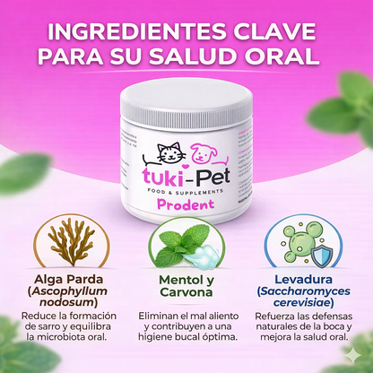 Ingredientes de Tukipet Prodent, claves para la salud oral de perros y gatos. 
-Ascophyllum nodosum (Alga parda). Reduce la formaciñón de sarro y equilibra la microbiota oral.
-Mentol y Carvona. Eliminan el mal aliento y contribuyen a una higiene bucal óptima.
-Levadura (Saccharomyces cerevisiae). Refuerza las defensas naturales de la boca y mejora la salud oral. 